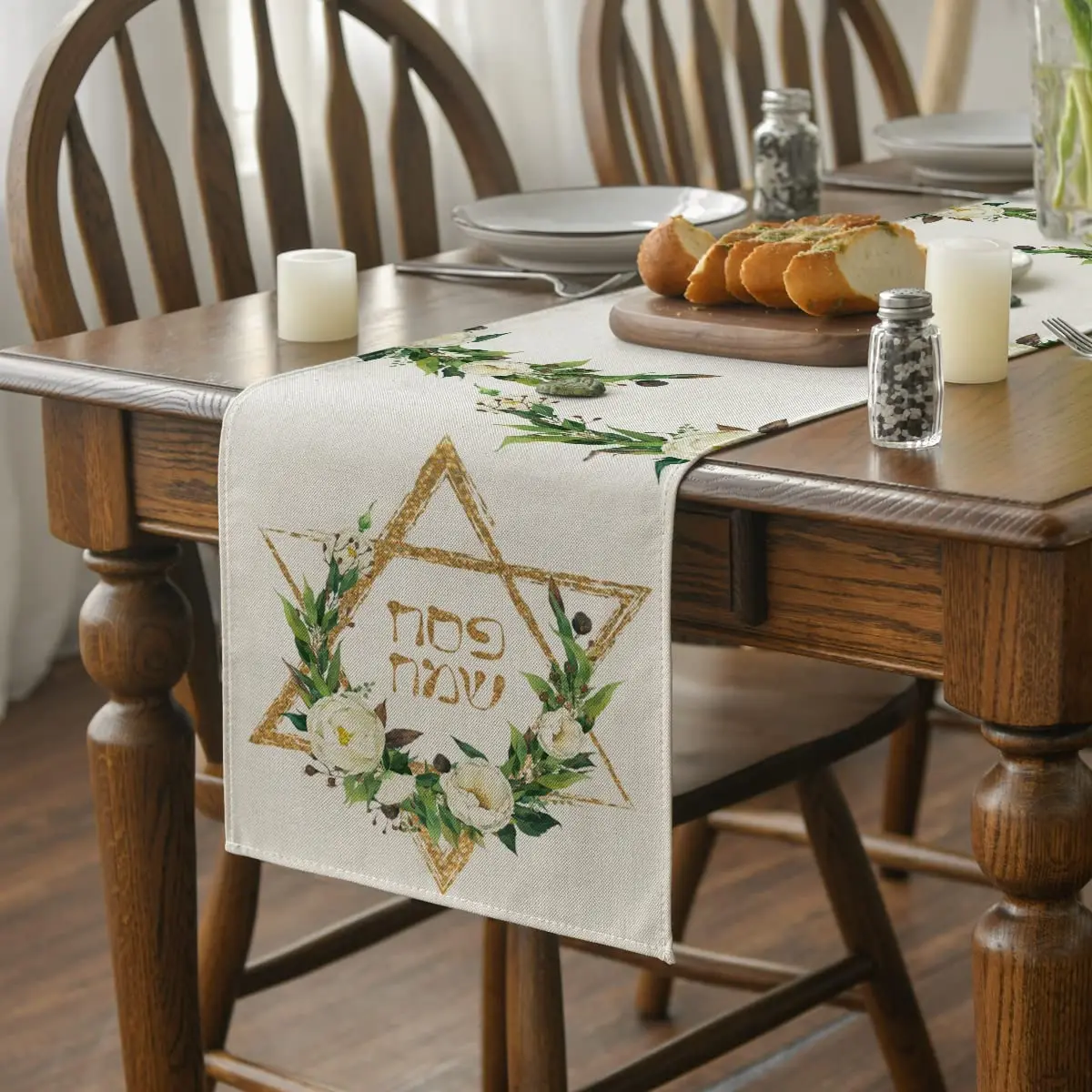 Spring Hexagram Flowers Passover Linen Table Runner Party Decoration Washable Dining   for Kitchen  Decor