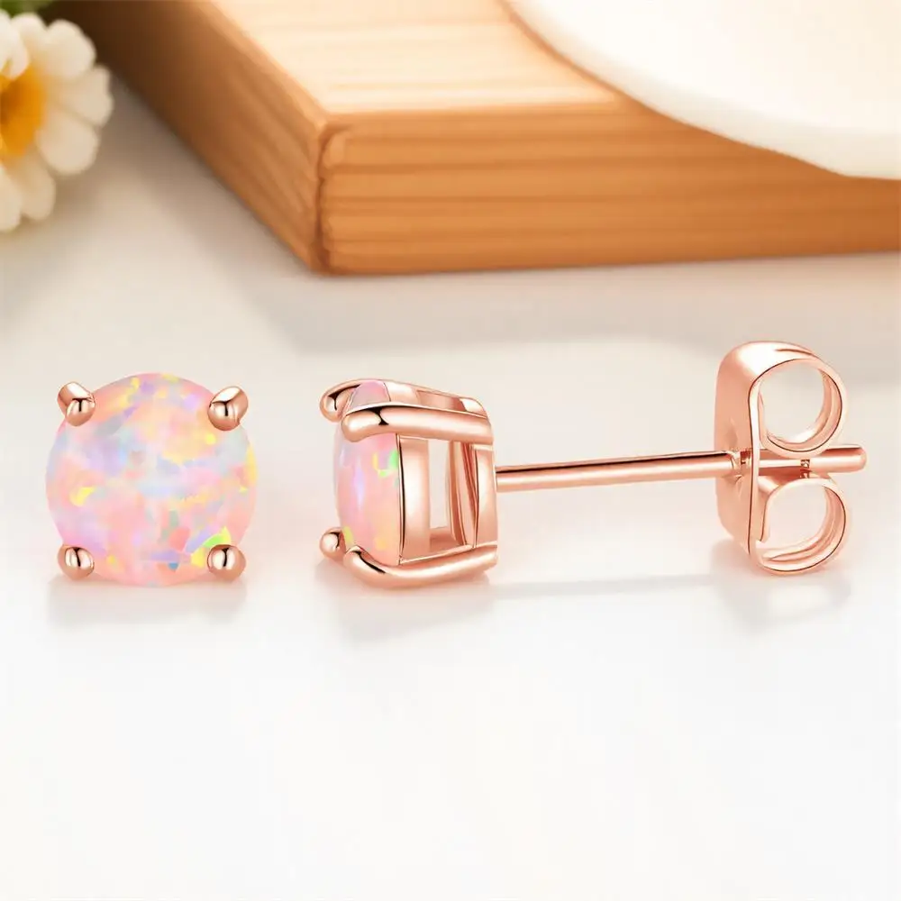 4mm Round Stone Cute Pink Opal Small Stud Earrings For Women Vintage Rose Gold Color Minimalist Earring Bridal Wedding Jewelry