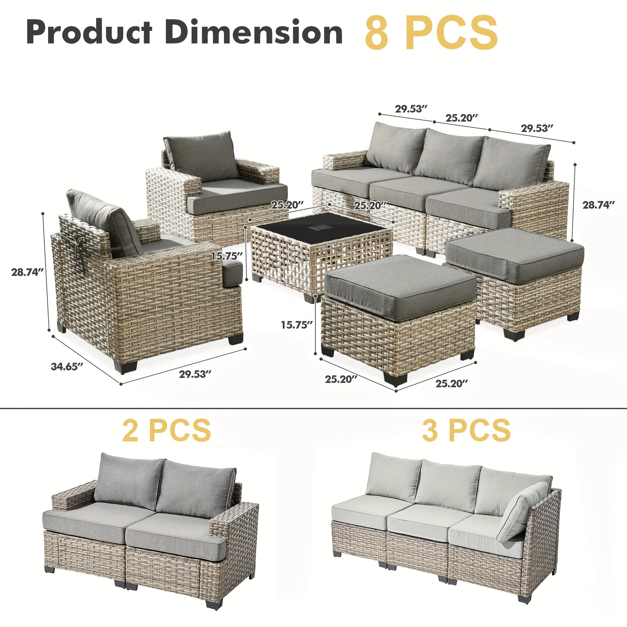 Set di mobili da giardino per esterni in vimini meteorologico, rattan intrecciato a mano dal design modulare, tavolino da caffè e pouf con illuminazione per divano componibile