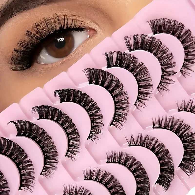 10 Paar D-Curl Dramatische Volumen-Kunstwimpern Natürlicher Look Wiederverwendbare Weiche Streifenwimpern für Tägliches & Party-Make-up