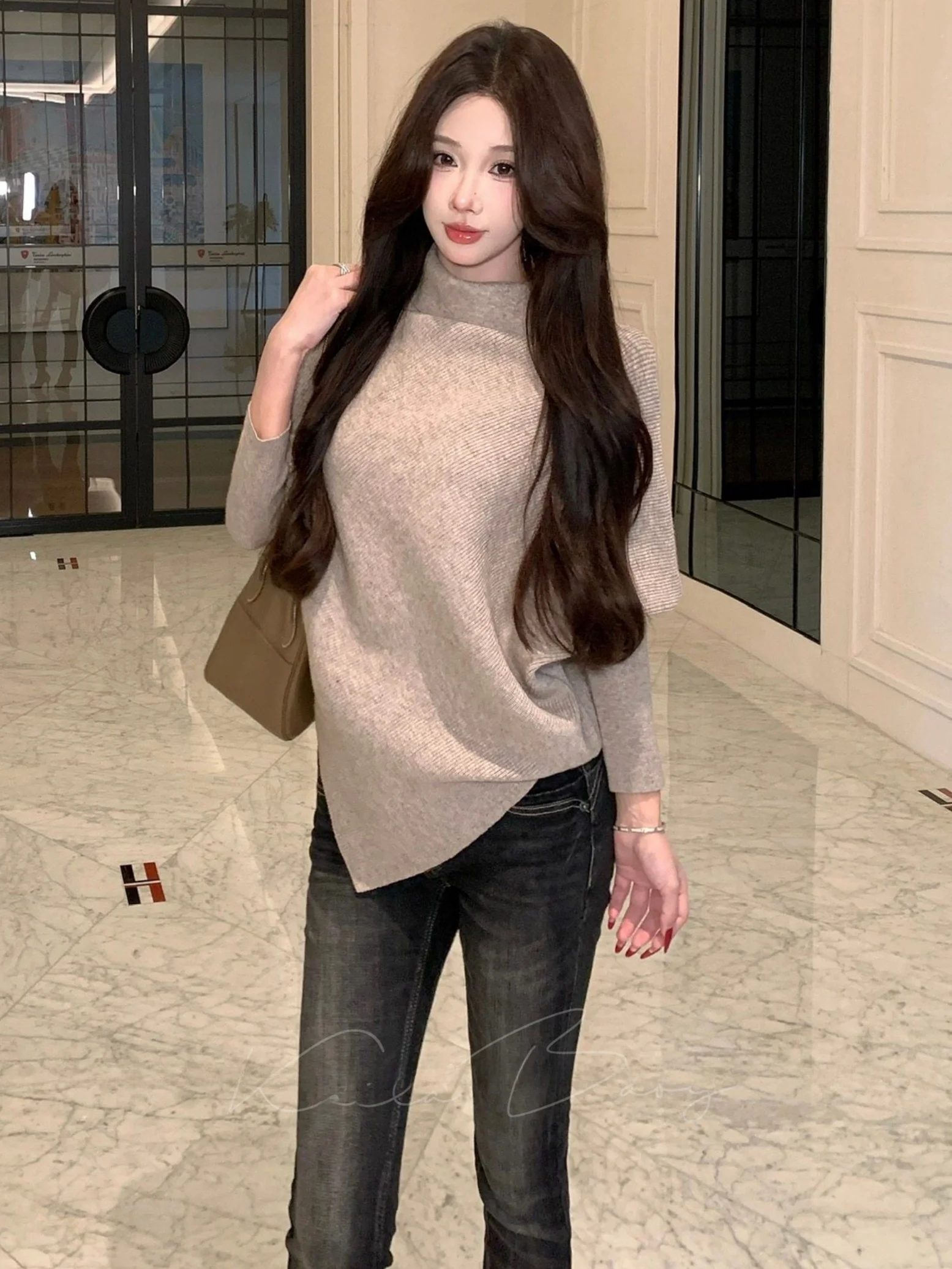 

Japanese Style High Collar Asymmetrical Batwing Sleeve Sweater Women's Autumn Winter Versatile Knitted Top Loose Fit Long Sleeve