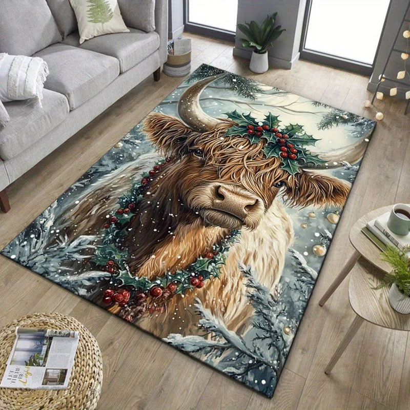 Winter Highland Cow Rug for Cozy Living Areas, Festive Holly Berry Carpet, Seasonal Home Decor Pieces Skid resistant carpet