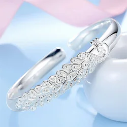 New 925 Sterling Silver Elegant Peacock Opening Screen Bracelet Bangles For Women Fashion Party Wedding Accessories Jewelry Gift