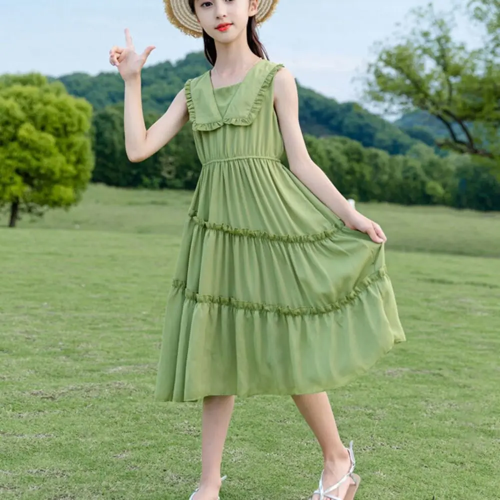 

Elegant Doll Collar Girls Princess Dress Party Beach Vacation Summer Cake Dress Teens Sweet Children Long Dress Holiday