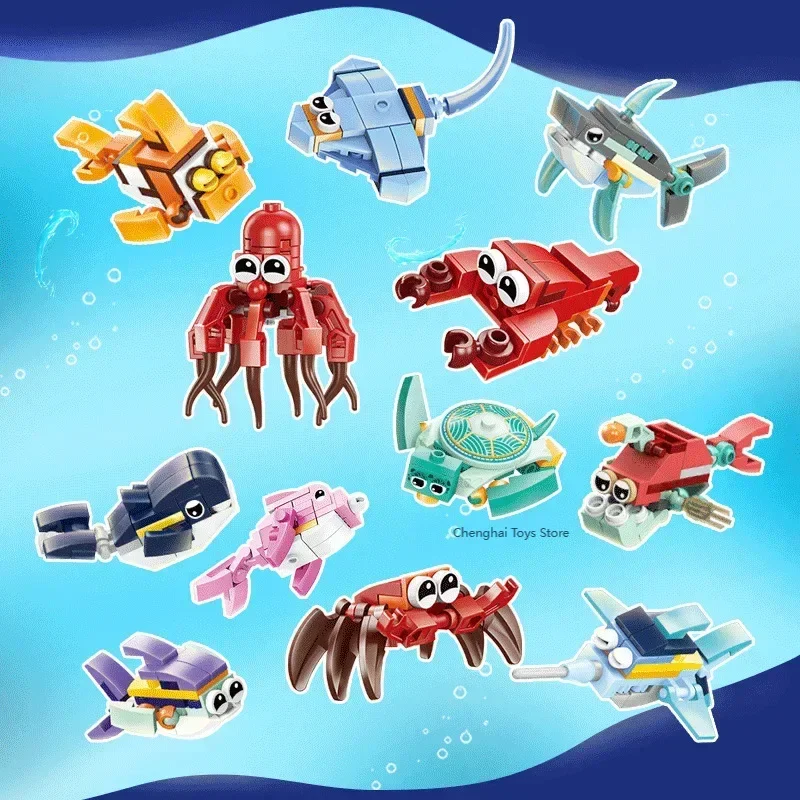 Creative Expert Mini Ocean Animal Model Building Block12 In 1 Shark Octopus Crab Bricks Educational Toys Birthday Gift for Kids