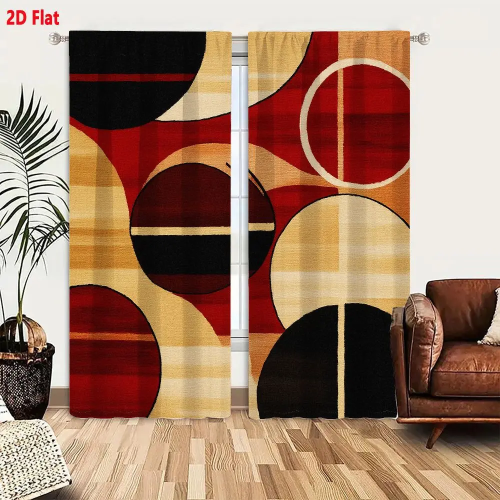 2Pcs Curtains 2D Flat Mid-Century Modern Abstract Painting With Geometric Circles And Warm Earthy Tones Window Drapes for Bedroo