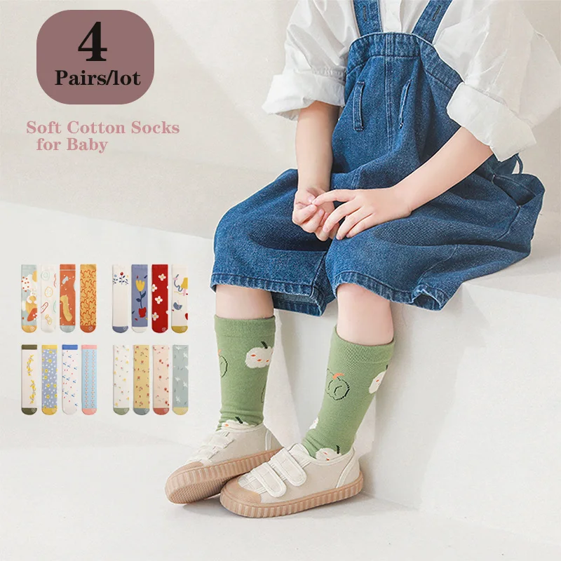 

4 Pair 0-3 Years Children Baby Cotton Stockings NewBorn Toddler Knee High Long Socks for Girls Boy Infant Floor Socks Spring