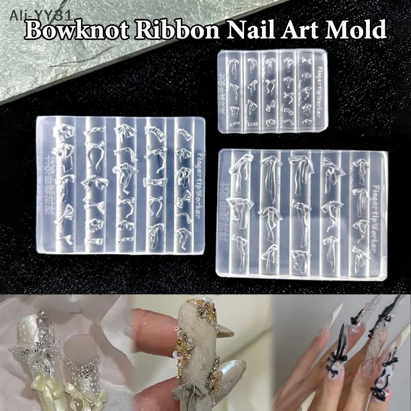Molde de silicona para uñas con lazo 3D, cinta con forma de tamaño mixto, placas de estampado suave, pajarita Kawaii, herramientas de molde artístico para manicura DIY