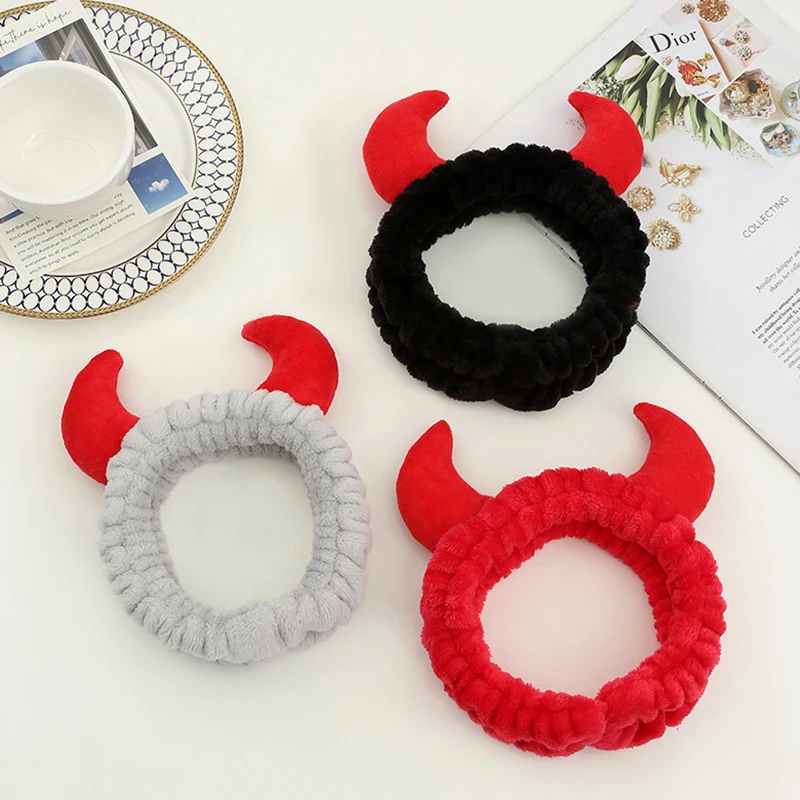 Cute Red Horns Elastic Hairbands For Women Wash Face Sport Soft Fabric Headband Women Gift Hair Accessories