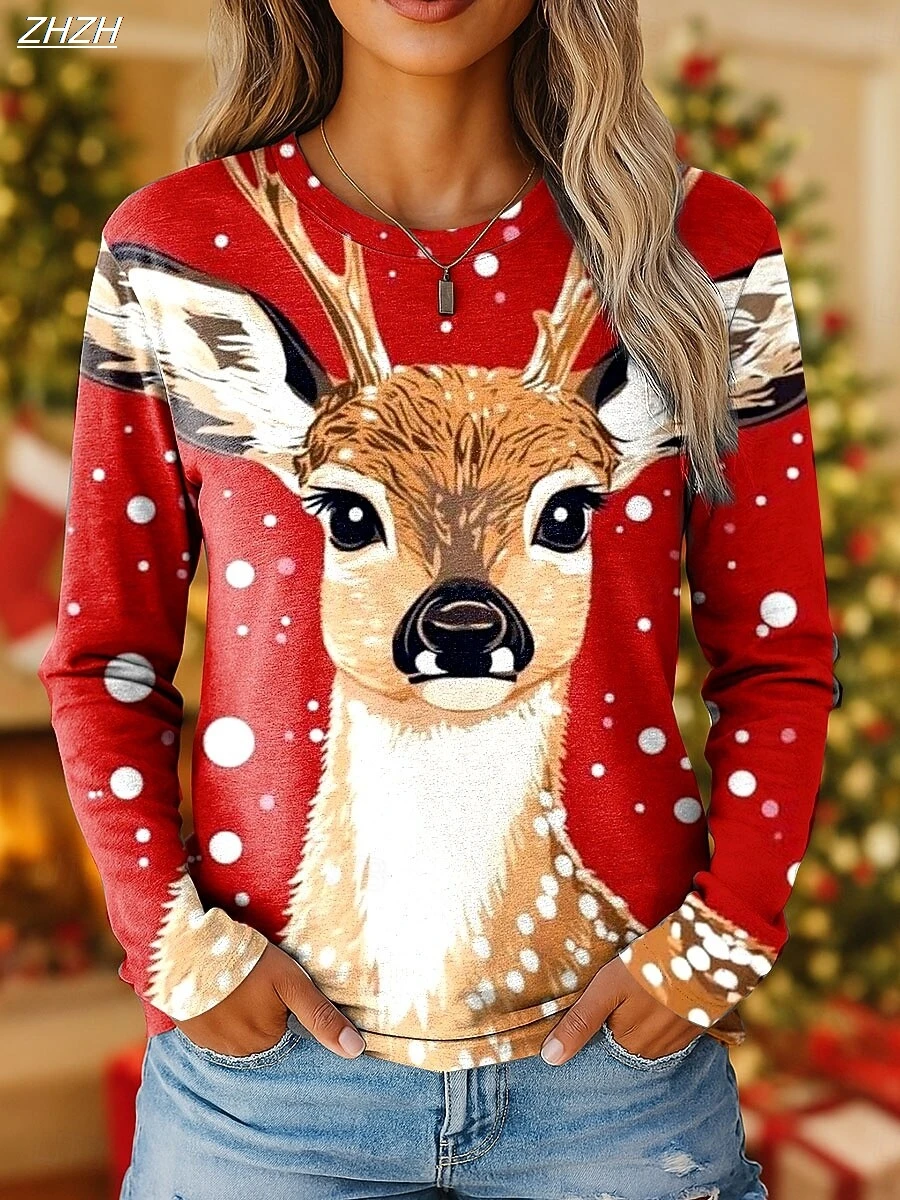 

2025 женский винтажный длинный рукав с принтом оленей, круглый вырез для рождественской вечеринки, праздничный подарочный топ, осенне-зимний праздничный стиль