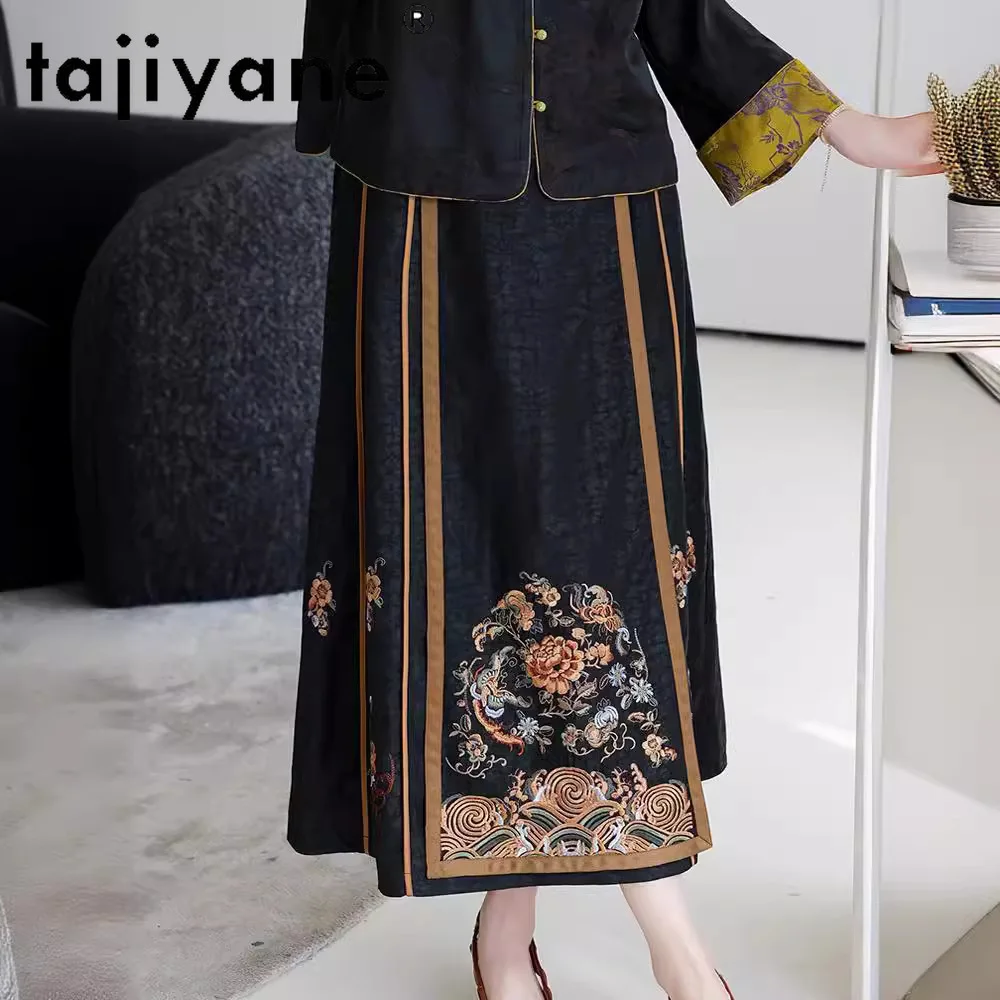 TAJIYANE 100% Mulberry Silk Embroidery Skirts Womens 2024 Luxury Black Long Skirt Fashion Fall Clothes for Women Юбка Женская