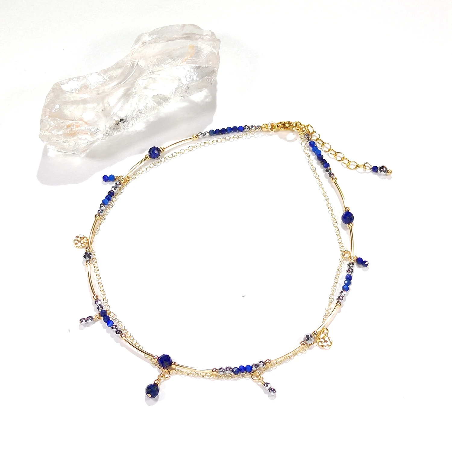 Lii Ji Lapis Lazuli Hematite stone 2mm Beaded Crystal Double Layer Anklet 26+3cm Handmade Bohe Fashion Jewelry For Female