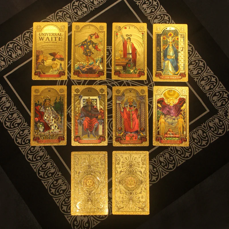 1 Set Gold Foil Tarot Cards Tablecloth Hot Stamping PVC Waterproof Board Game Poker Destiny Box Lucky Party Toys Color Not Fade