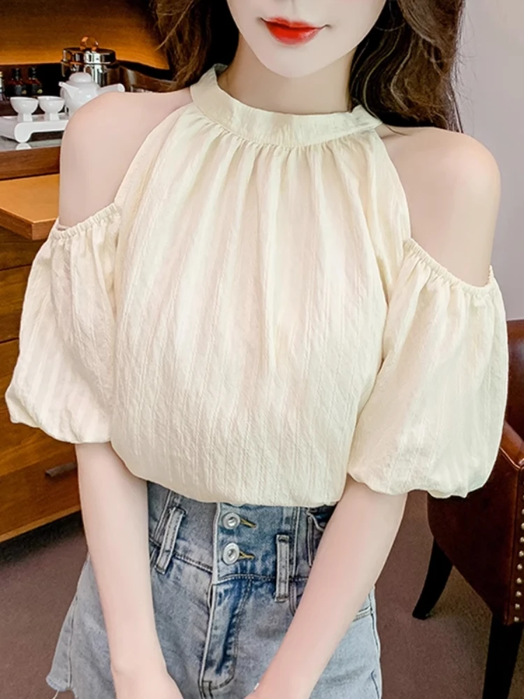 Blouses Women Off-shoulder Chic Sweet Summer Lantern Sleeve French Style Leisure Tops Office Lady Gentle Aesthetic O-neck Design