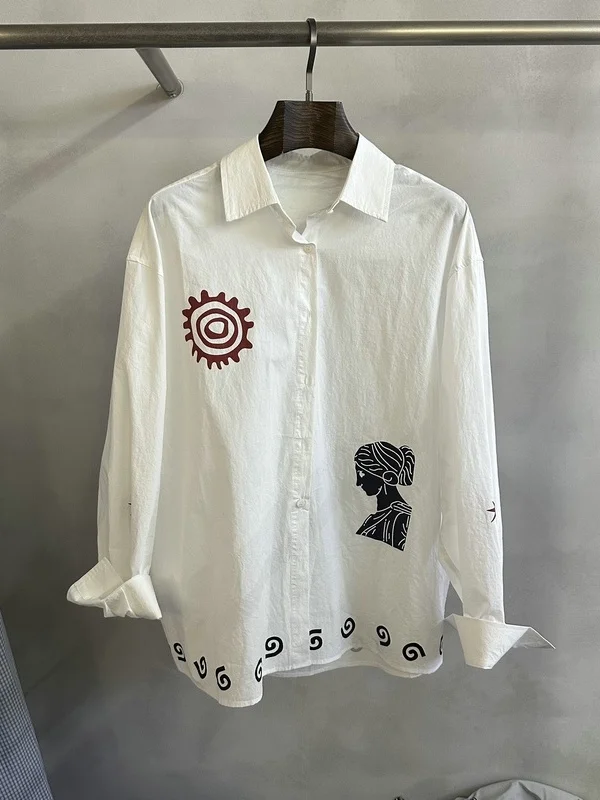 

Artistic Print Long Sleeve Shirt Women's Fashion Single Button Turn-down Collar Cardigan Spring Summer Casual Loose Fit Cotto...