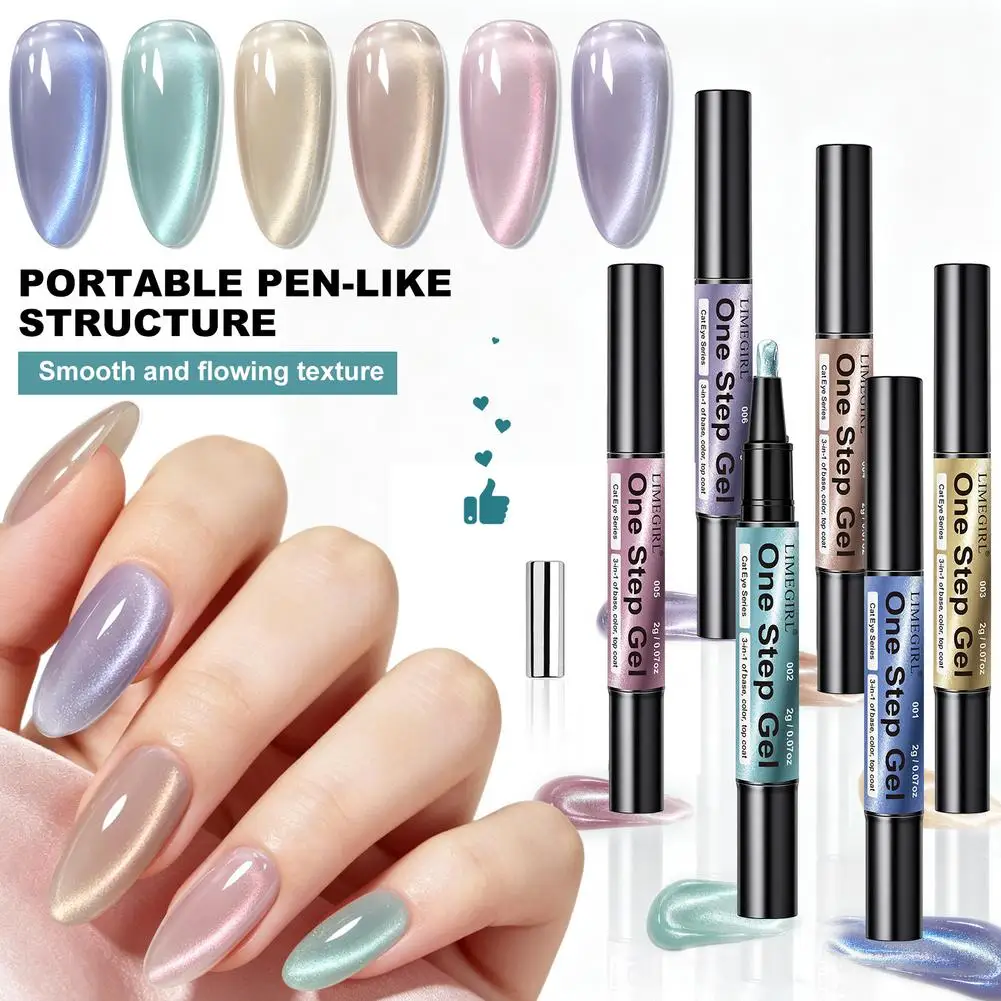 6 Colors Cat Eye One Step Gel Nail Polish Pen 3-in-1 No Base/Top Coat Needed Quick-Dry Long-Lasting