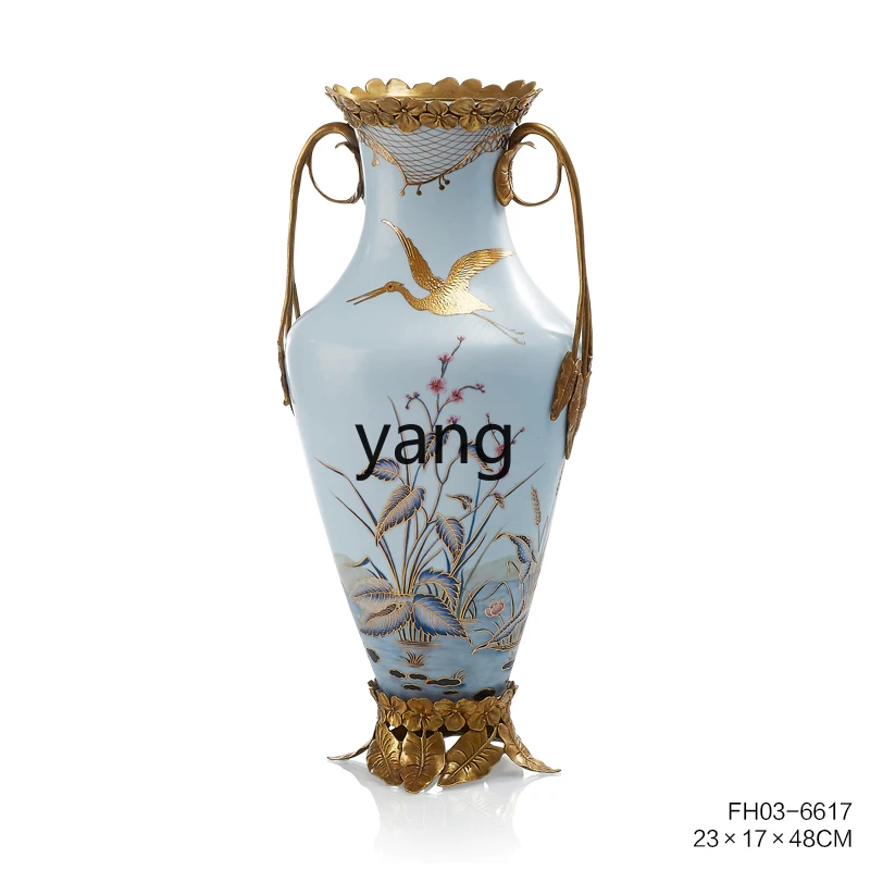 

LXL Luxury Narrow Opening Gold Decoration Hand Painted Light Blue Inlaid Copper Vase Villa Countertop Gift