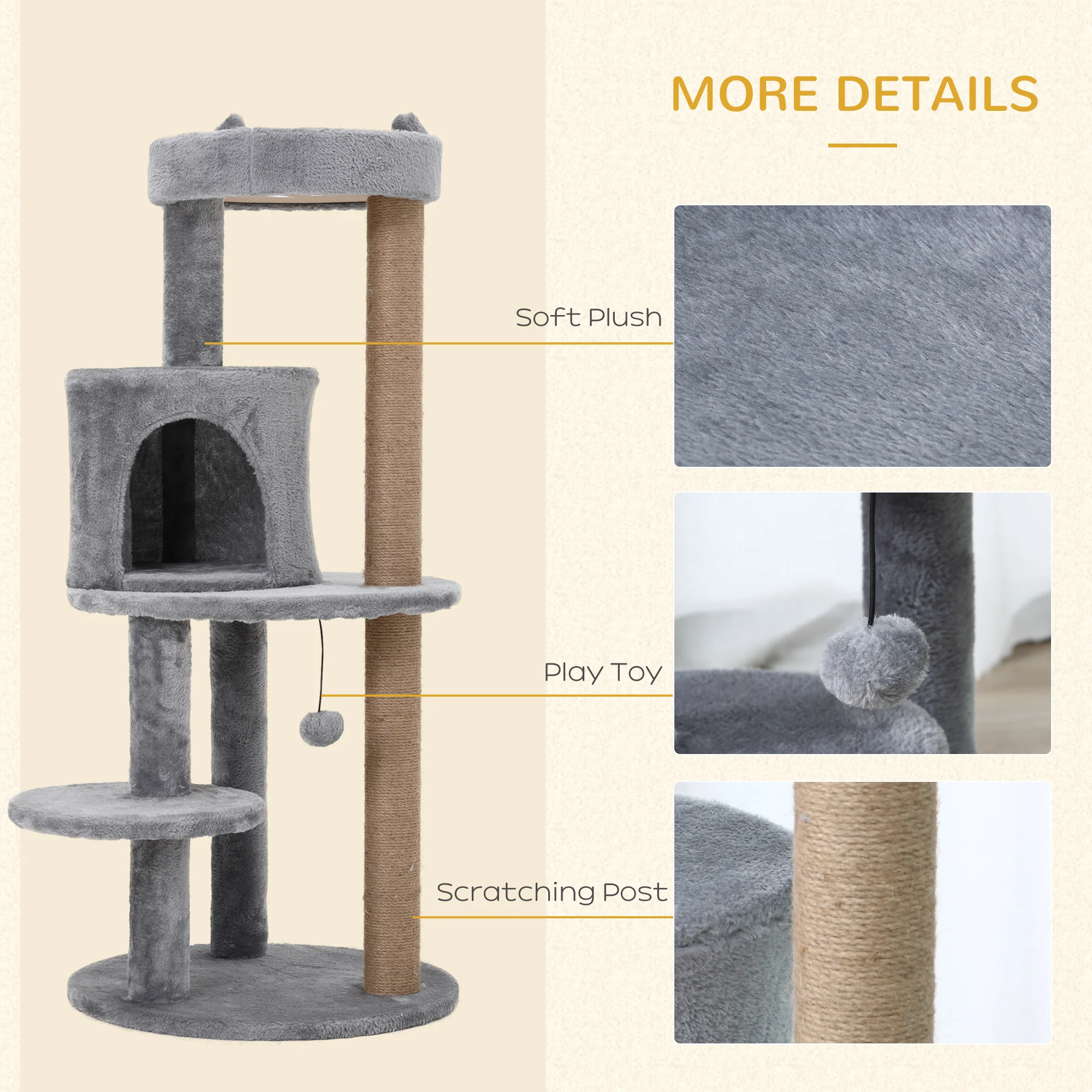 PawHut 4 Tiers 104cm Cat Tree w/ Scratching Posts Perches Hanging Ball