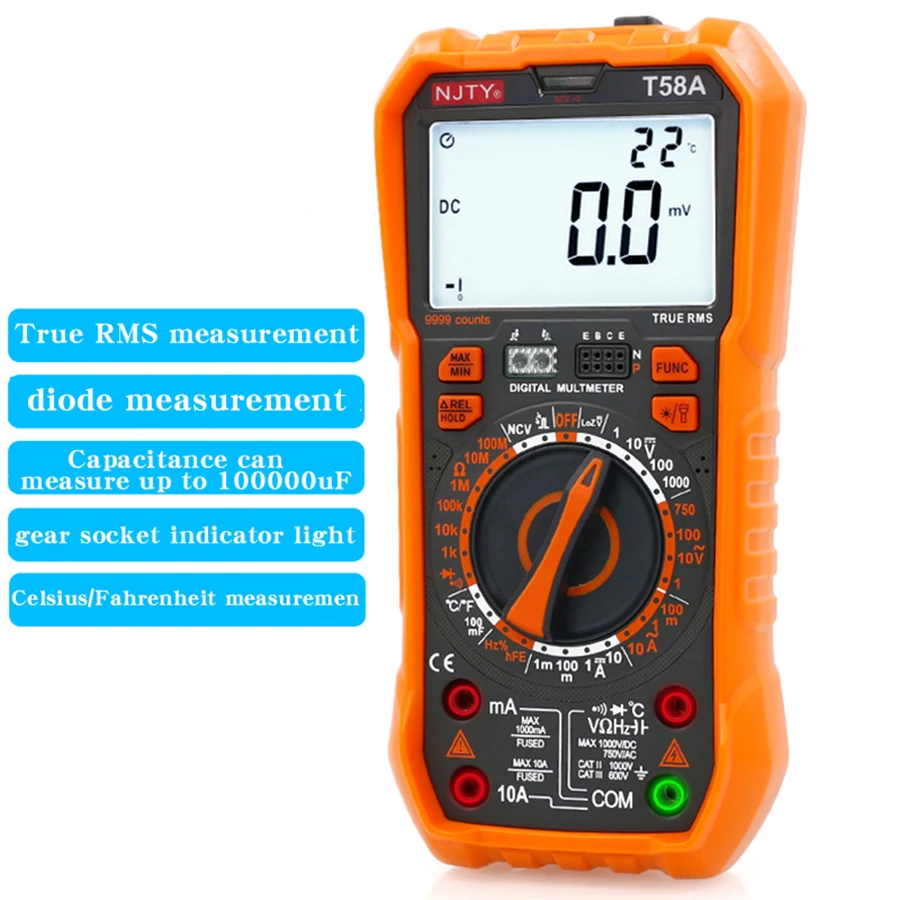 NJTY 58A Multimeter High-Precision Digital Display Smart Burn-Proof Household Electrician Capacitance Meter