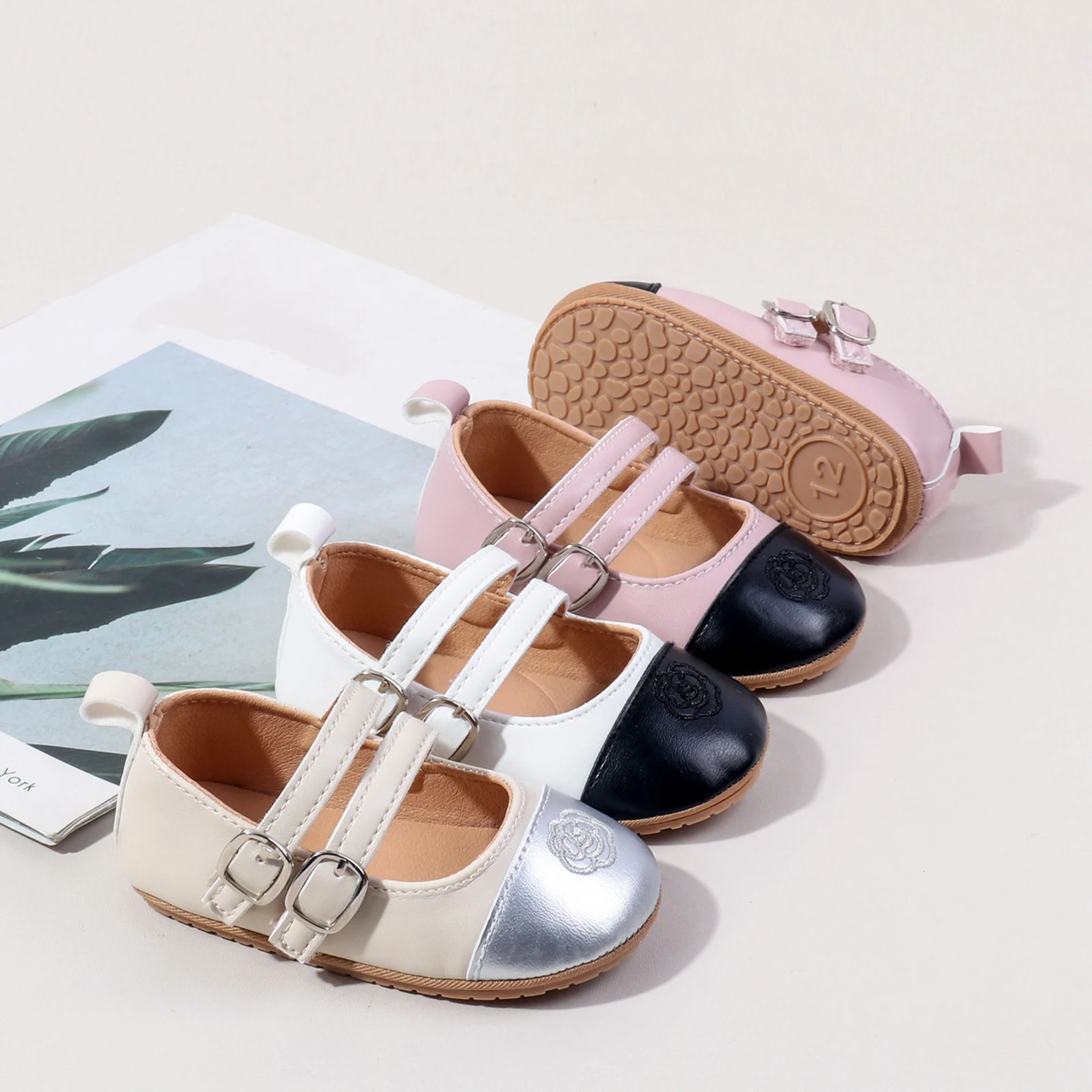 

Blotona Baby Girls Princess Shoes, Soft PU Leather Contrast Color Embroidery Flower Non-slip Bottom First Walker Casual Shoes