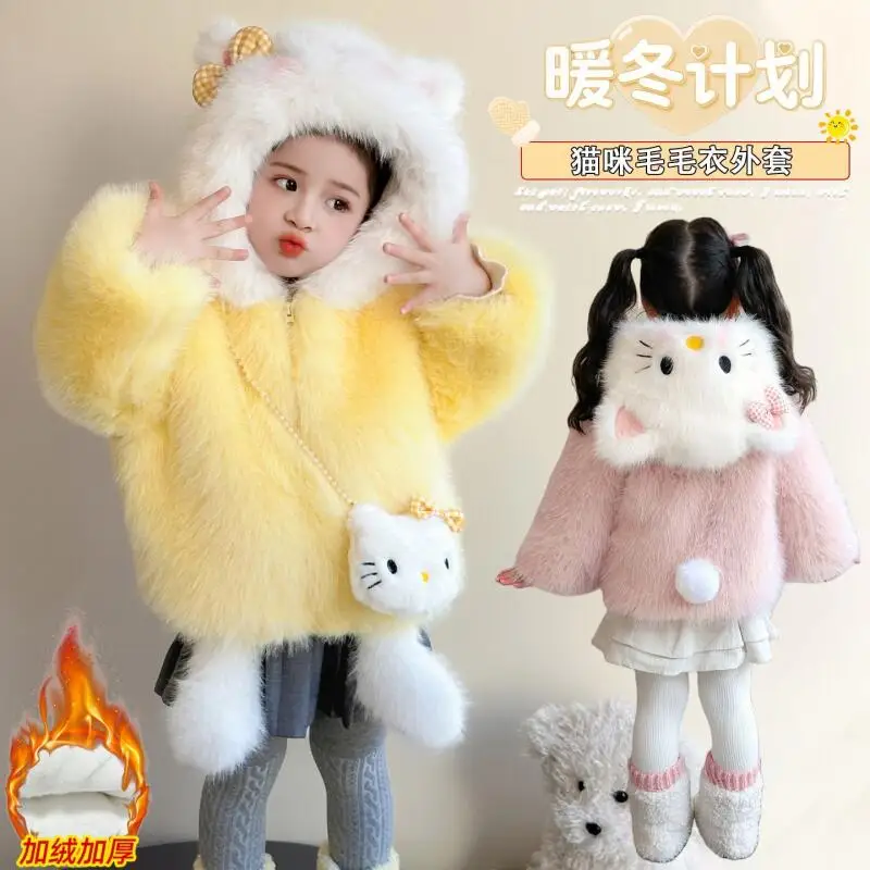 

Зимняя куртка Hello Kitty для девочек на флисовой подкладке с хлопковой подкладкой, утепленная теплая шуба с рисунком кота, экологически чистая шуба с милым капюшоном