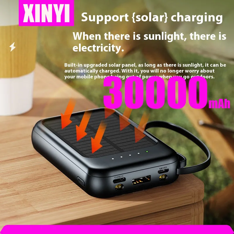 Mini Solar Power Bank 30000mAh Built Cables Solar Charger 2 USB Ports External Charger Powerbank for Xiaomi with LED Light