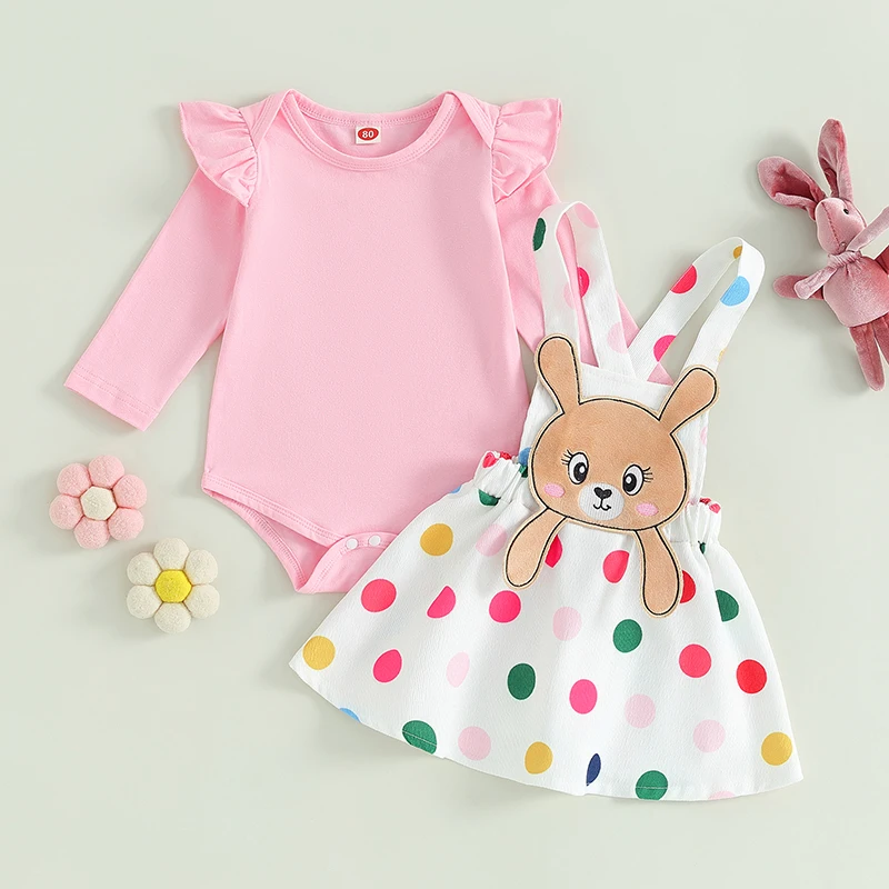 

Newborn Baby Girl Easter Outfits Long Sleeve Ruffle Rompers Rabbit Suspender Skirt Bunny Overall Dress 0-18M