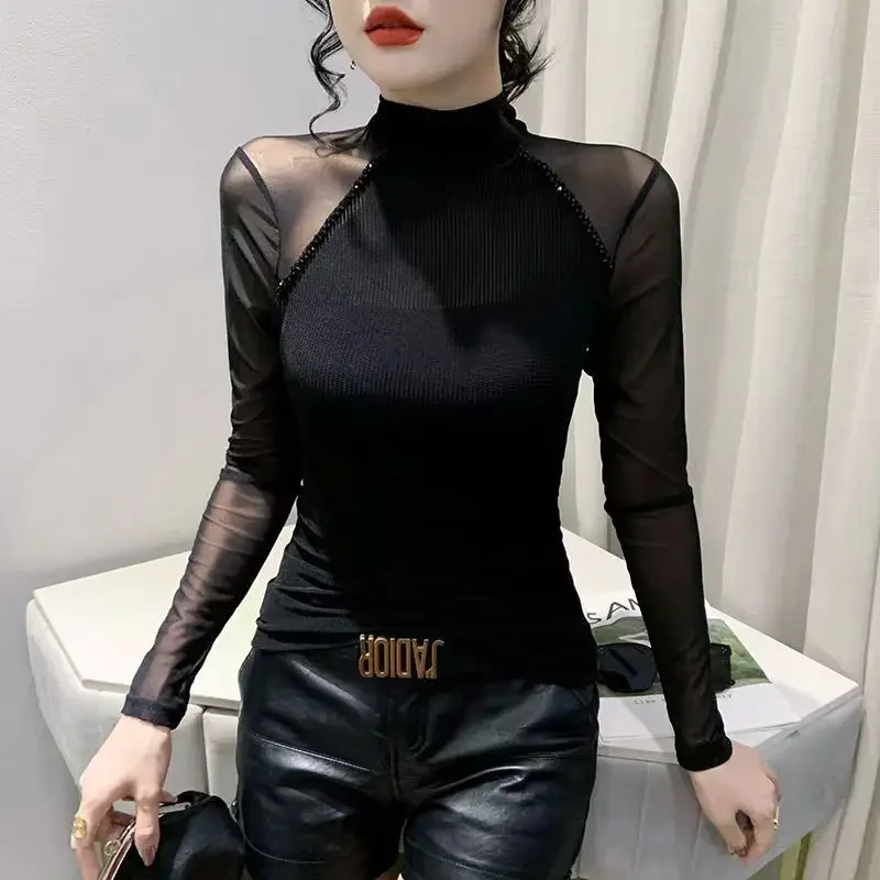 Women Autumn Winter New Fashion Slim Fit Solid Color Pullover Half High Neck Lace Diamonds Panel Long Sleeve T-shirt Tops LU278