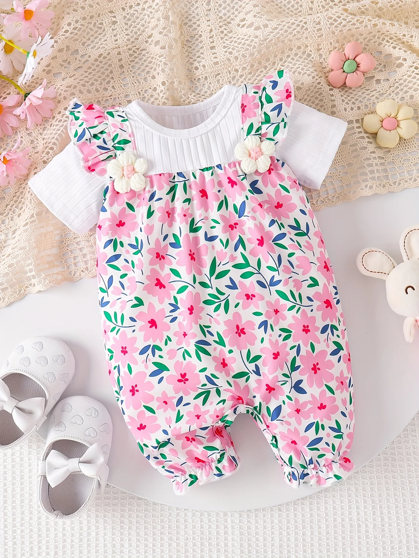 Milk Silk Floral Ruffle Princess Jumpsuit with Cute Floral Digital Print Pattern and Floral Appliqué, Short-Sleeve Regular Jumpsuit