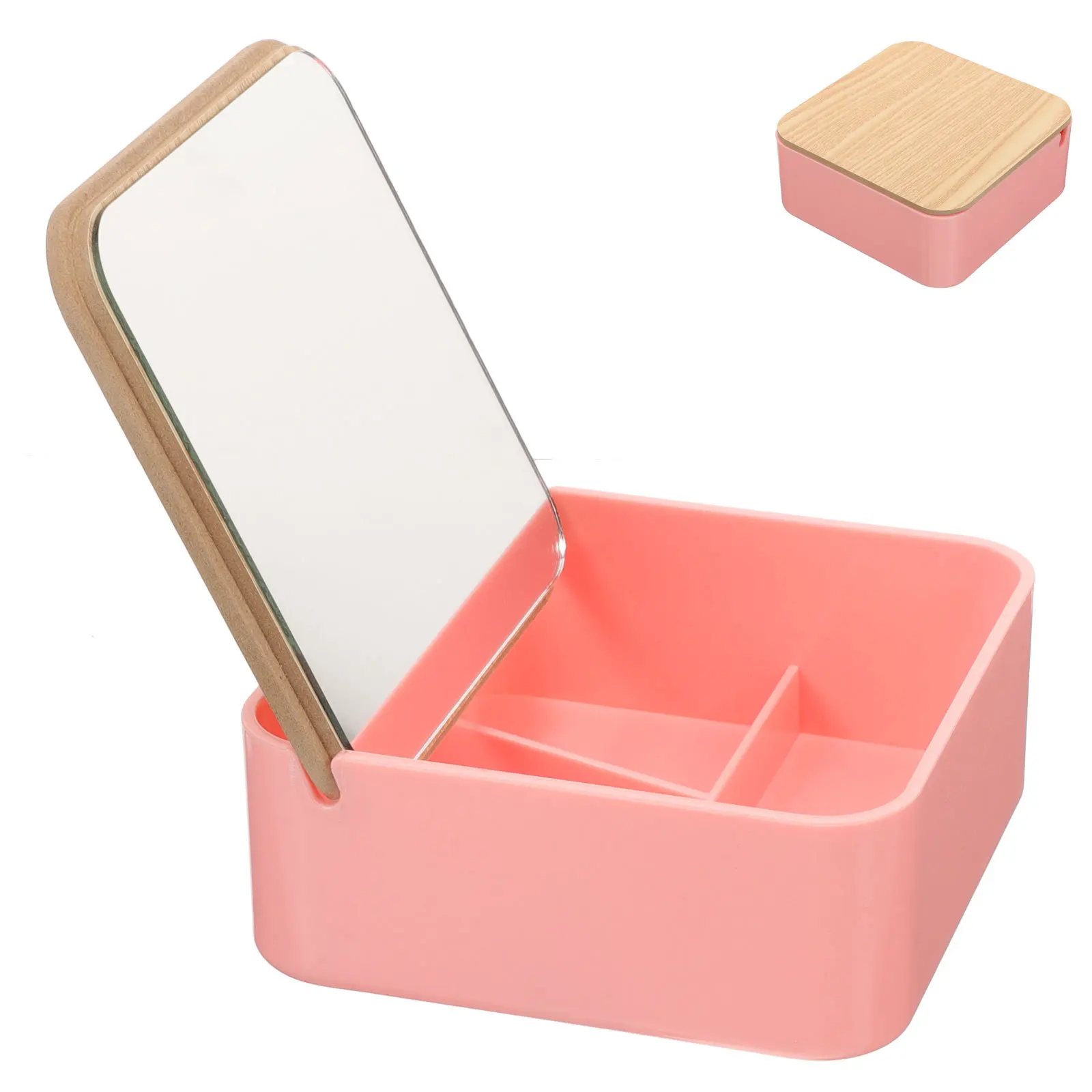 Desktop Bamboo Makeup Mirror Storage Box Clamshell Design Durable Cosmetics Holder Tabletop Mirror for Home Use Girls Gifts