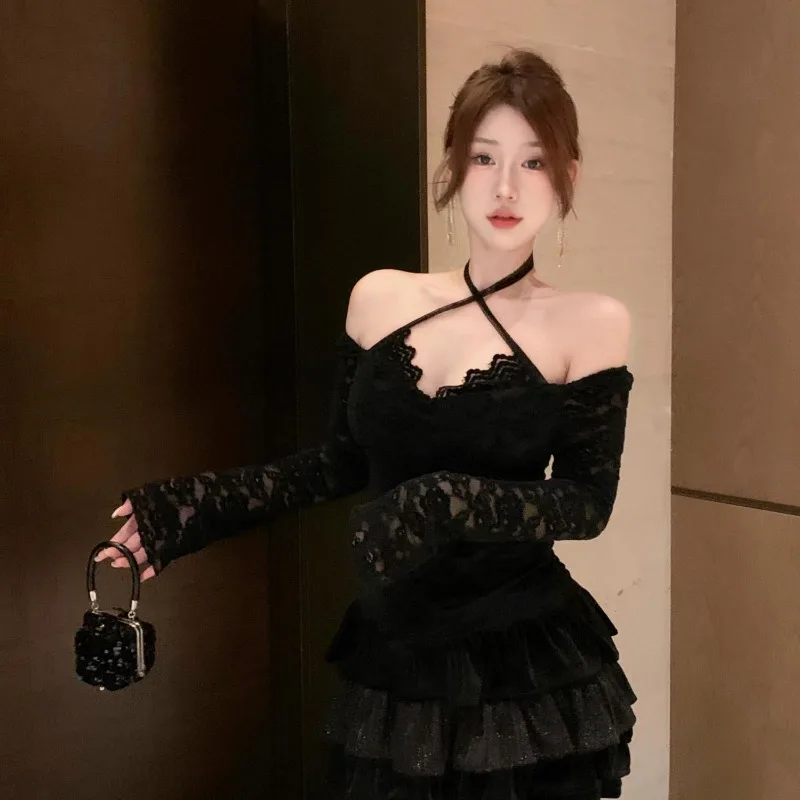 

Thin Lace New Style Pure Desire Sexy Temperament Lacing One Word Two Wear Slim Slim Long Sleeve Blouse Cover Meat Waist Tops