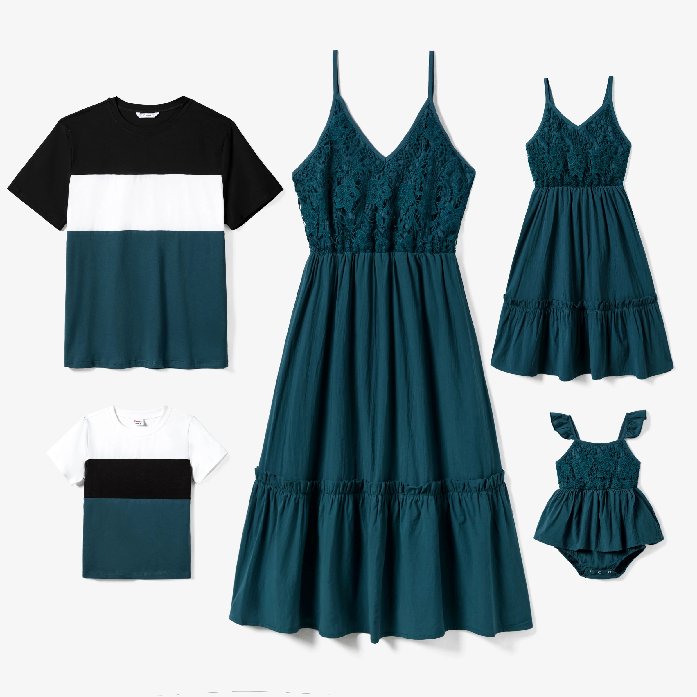 

PatPat Family Matching Color-Block Tee and Lace Ruffle Hem Strap Dress Sets