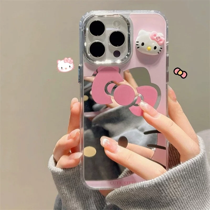 Custodia per telefono a specchio per trucco di lusso carino Hello Kitty Glitter Bow Diamond KT per iPhone 13 14 15 16 Pro Max Pink Kitty Proteggi la copertura