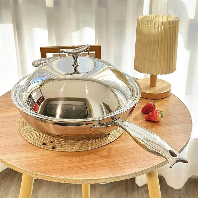 Simple Stainless Steel Wok,Flat Bottom Frying Pan with Lid,Long Handle Chef Pan for Restaurant,Non-Stick Home Kitchen  Cookware