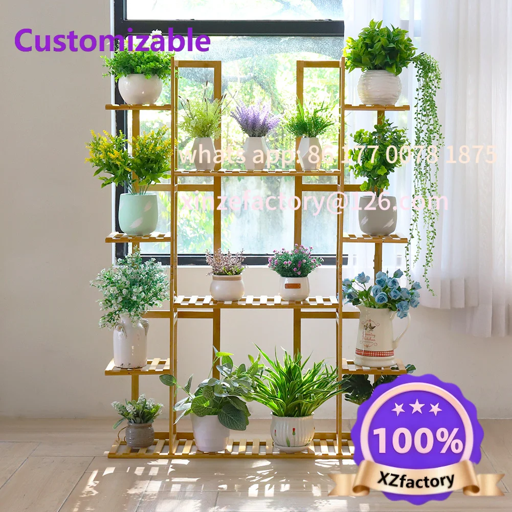 Customizable 9 Tier Bamboo 17 Potted Plant Stand Rack Multiple Flowerpot Holder Shelf Indoor Outdoor Planter Display Shelving