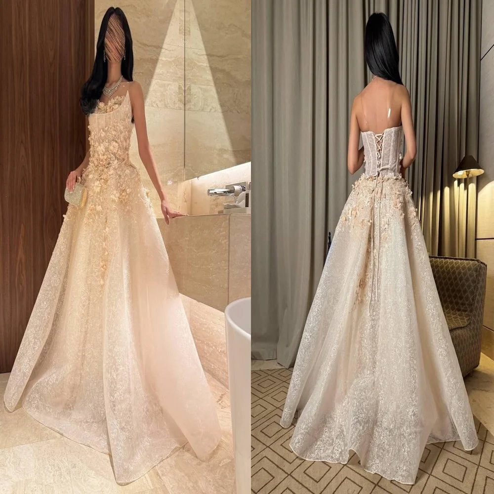 Luxury Strapless Lace Hademade 3D Floral Evening Dress vestidos piedra A-line Lace up Back Prom Party Gown with Court Customized