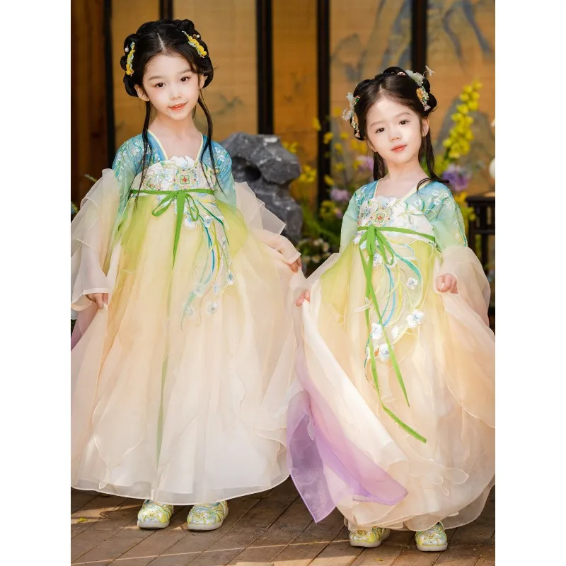 Hanfu girls spring and summer new Tang made improved chest-length skirt, ancient style embroidered super fairy little girl Tang