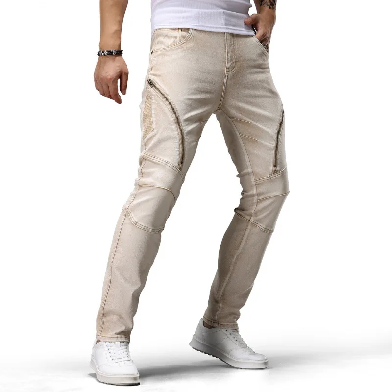 メンズジッパー付きスプライシングデザインのトレンディなレトロ風ストレッチジーンズ、ストリートスタイルの個性的なストレッチバイクパンツ