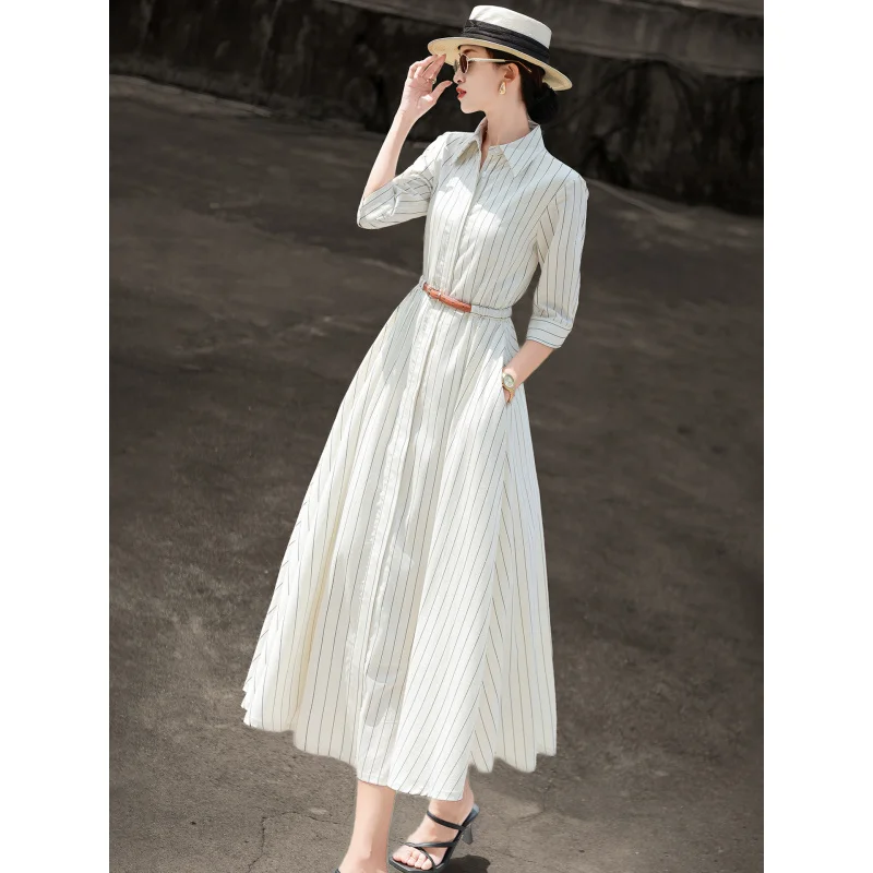 

MEXCOCO 2026 Summer New Elegant Commuter Striped Shirt Dress High Waist Slim Fit Office Midi Dress