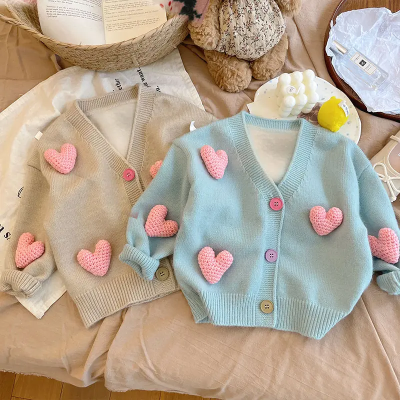 Kawaii Children's Sweaters Cute Love Decorated Girl's Knitted Cardigan Korean Style Jackets Fashion Autumn Winter Girl Clothes