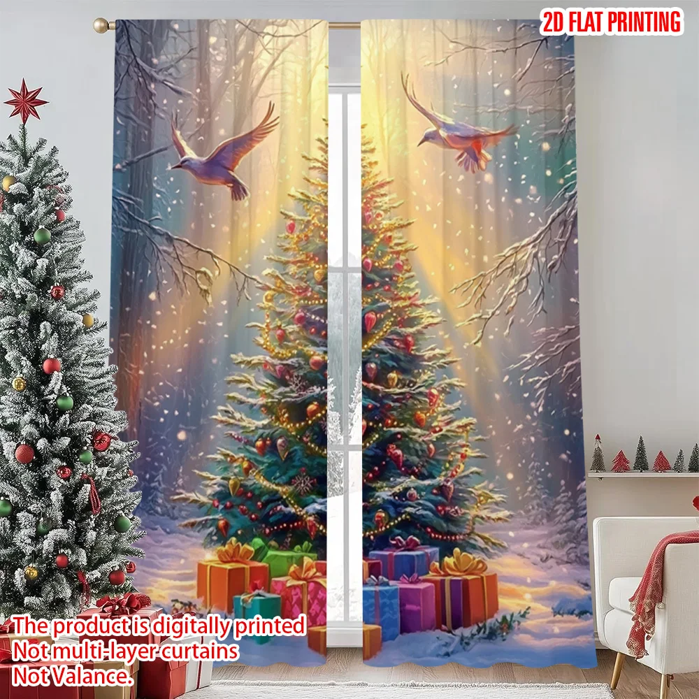 

2pcs 2D flat printing Merry Christmas Curtains Charming winter forest with Christmas tree Polyester Without Electricity Party