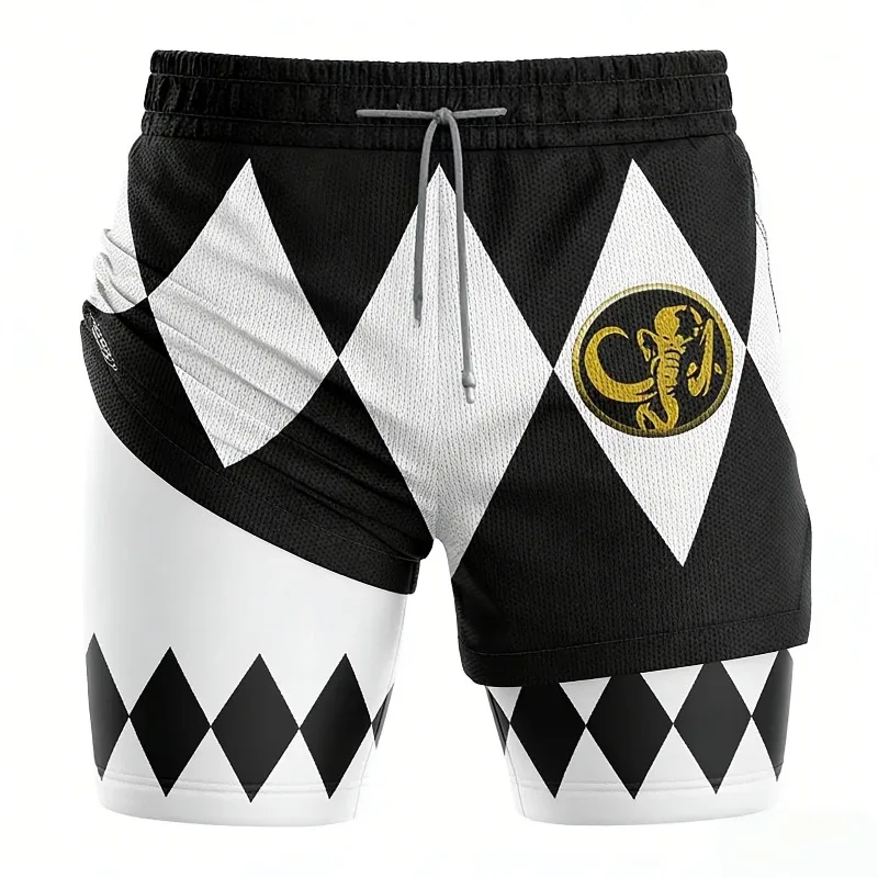 Mighty Morphin Power Rangers 2 in 1 Double Layer Shorts Men Boys Gym Workout Running Shorts Classic Athletic Beach Sports Shorts