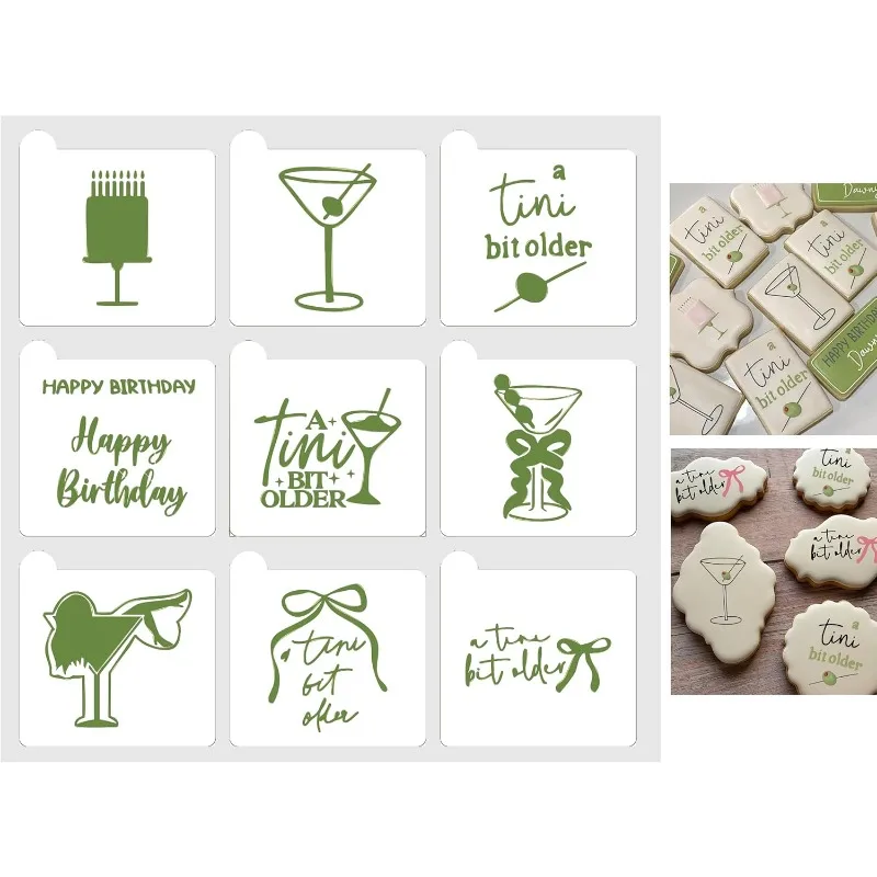 9Pcs Birthday Martini Cookie Stencils, Reusable Template with Martini Glass & Funny Text for Cake Cookie Decor & DIY Crafts