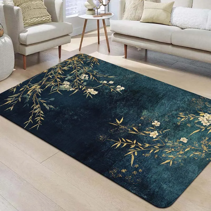 

Luxury Teal Gold Bamboo Blossom Non Slip Soft Area Rug Washable Indoor Floor Mat for Chinoiserie Asian Zen Home Decor