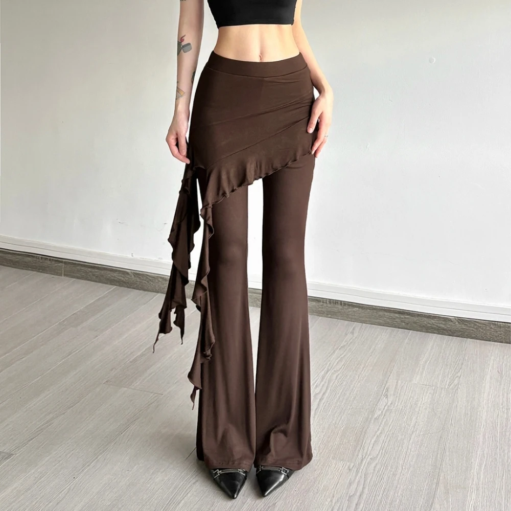 SylCue Satin Surface Patchwork Pant Women High Waist Skinny Hip-Covering Ribbons Asymmetrical Design Street Casual Simple Bottom