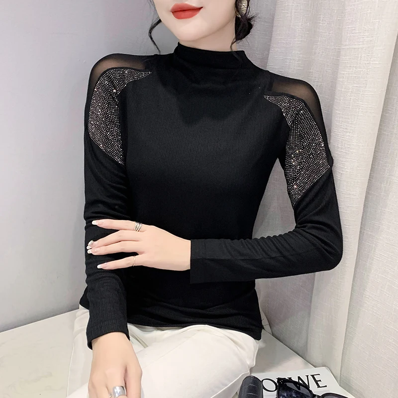 Autumn Winter bottoming shirt New Turtlenecks Long-sleeved diamond top Fashion Sexy Women Black T shirt