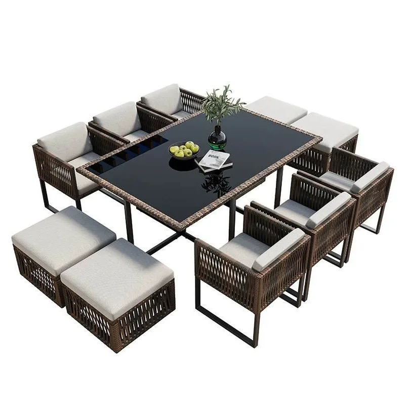 Villa courtyard terrace tables and chairs waterproof and sunscreen rattan long table hotel homestay open-air dining table rattan