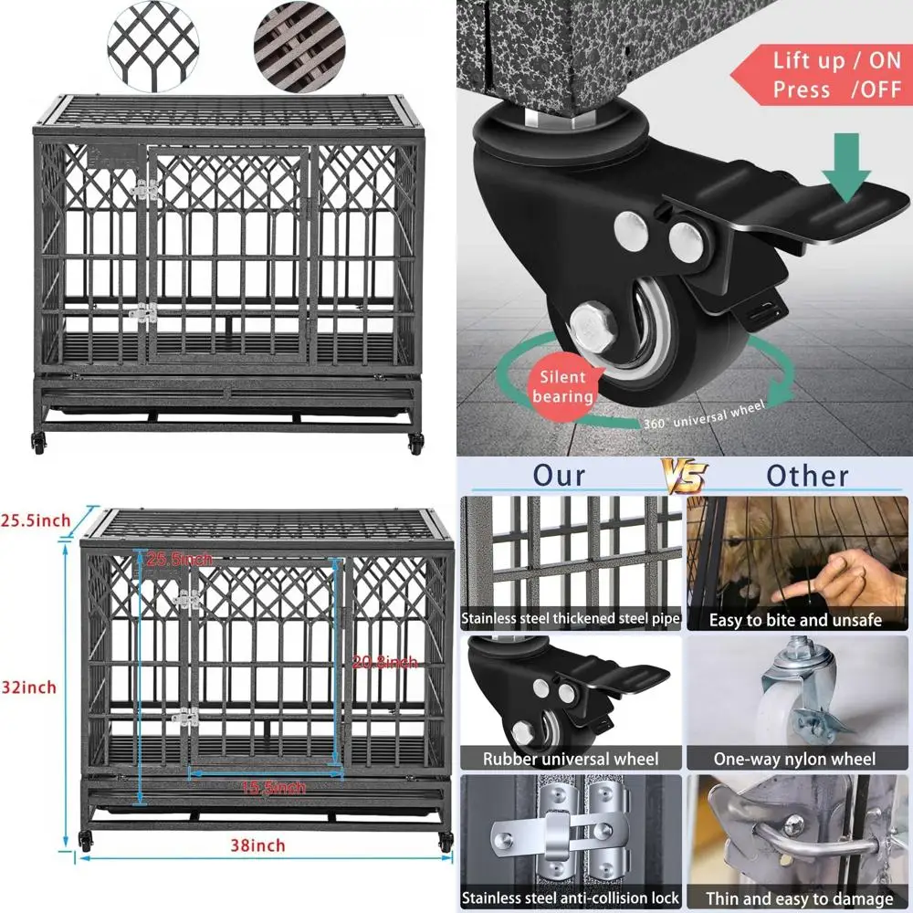 

Sturdy Metal Dog Cage for Large Breeds - Heavy Duty Pet Crate with Three Access Doors, Four Wheels, 38 Inch Y-Shaped Enclosure