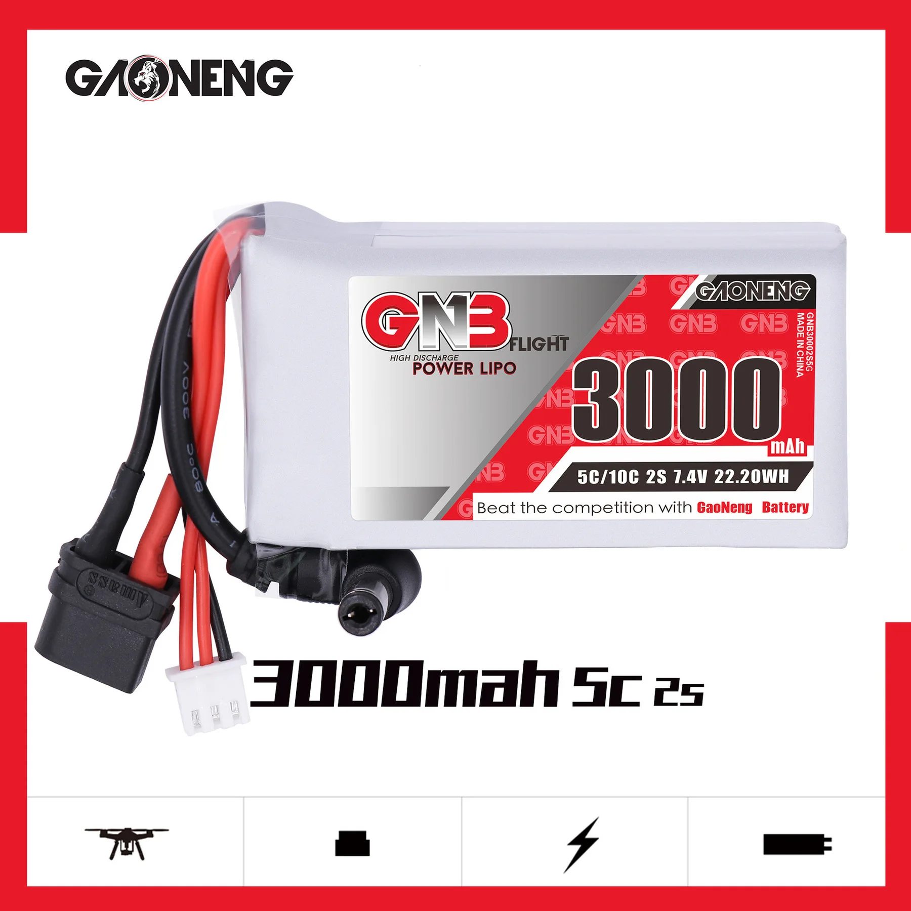 GNB 2S 7.4V 3000mAh 5C/10C indicatore di alimentazione della batteria Lipo per occhiali Fatshark Dominator Skyzone FPV occhiali RC droni batteria