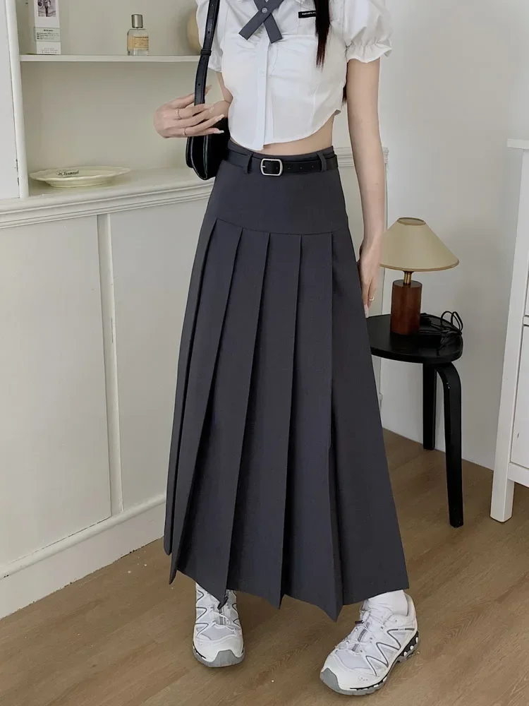 High Quality Black Suit Skirt with Belt Women Elegant High-waisted Long Skirt Female Korean Fashion A Line Pleated Skirt New